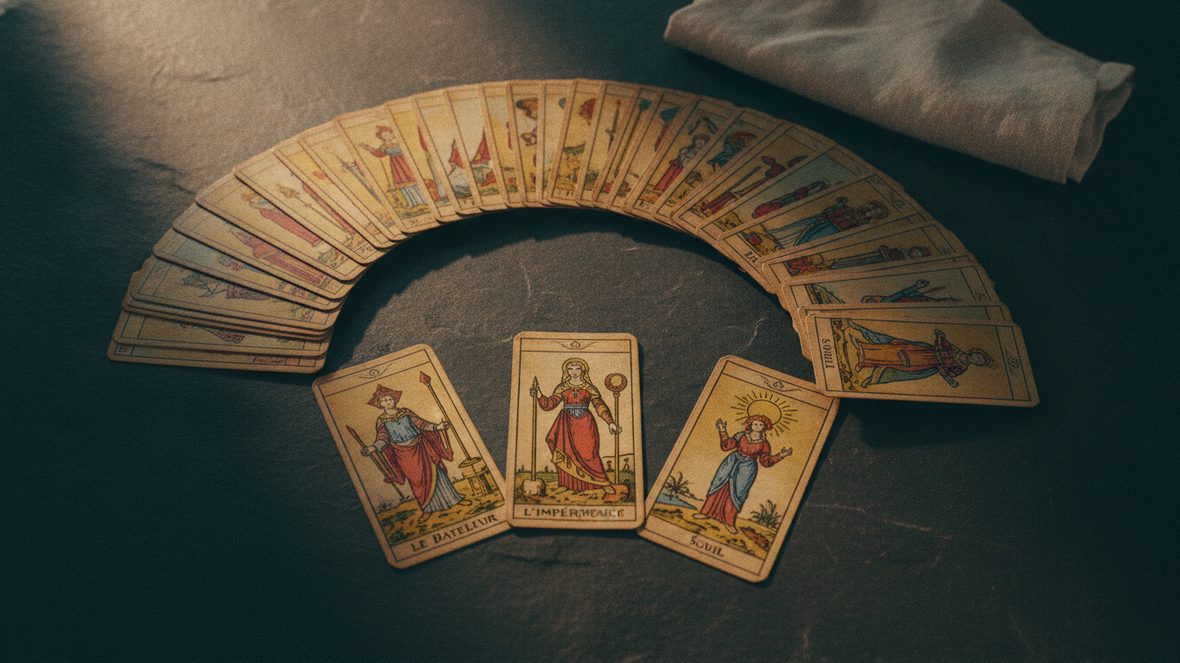 Jeu de tarot de Marseille déployé en arc sur une table sombre, trois lames face visible
