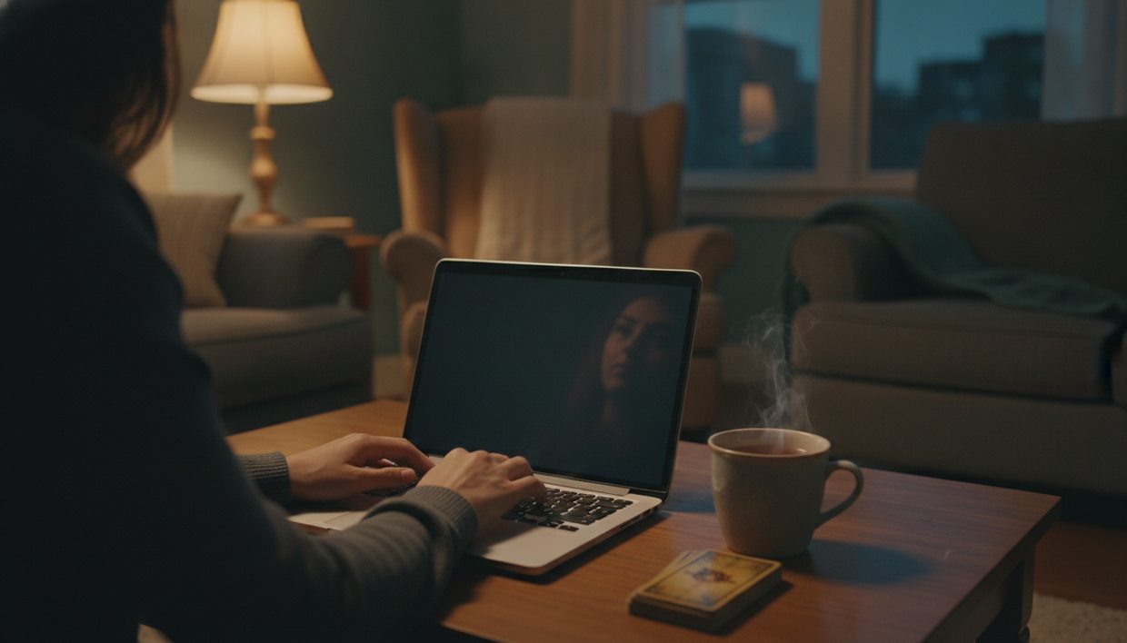 Consultation écrite en soirée : ordinateur portable, tasse et jeu de cartes posés sur une table