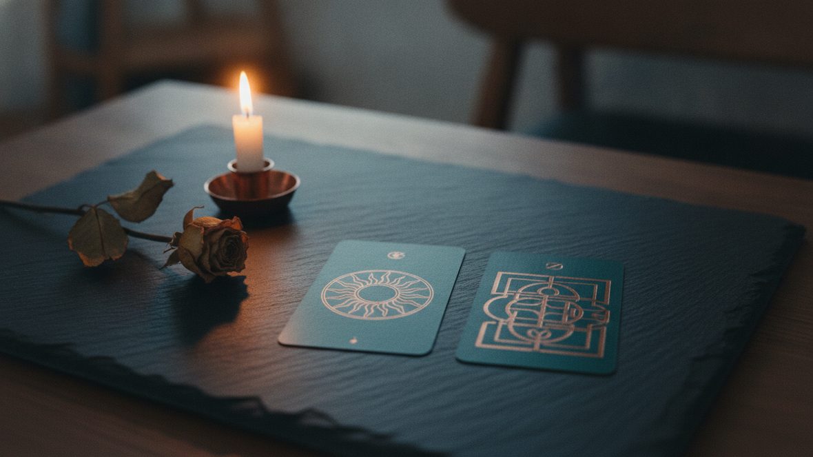 Deux cartes de tarot posées côte à côte près d'une tige de rose séchée et d'une bougie éteinte
