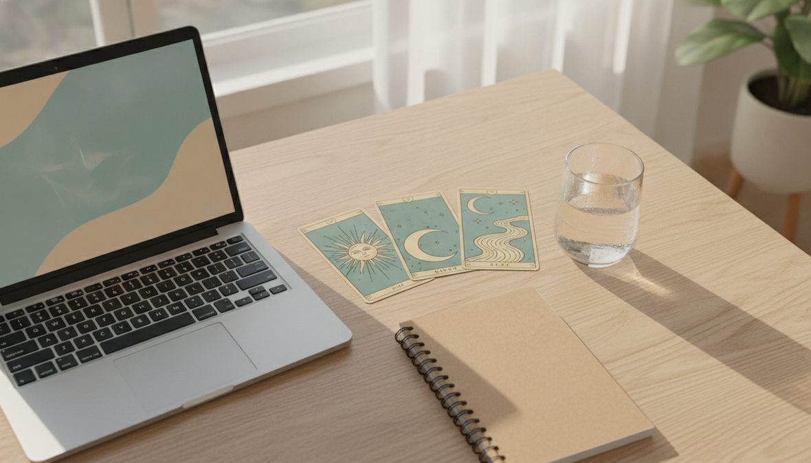 Ordinateur portable et cartes de tarot posés sur une table claire