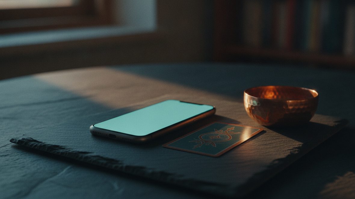 Téléphone allumé posé sur une table d'ardoise, à côté d'une carte retournée