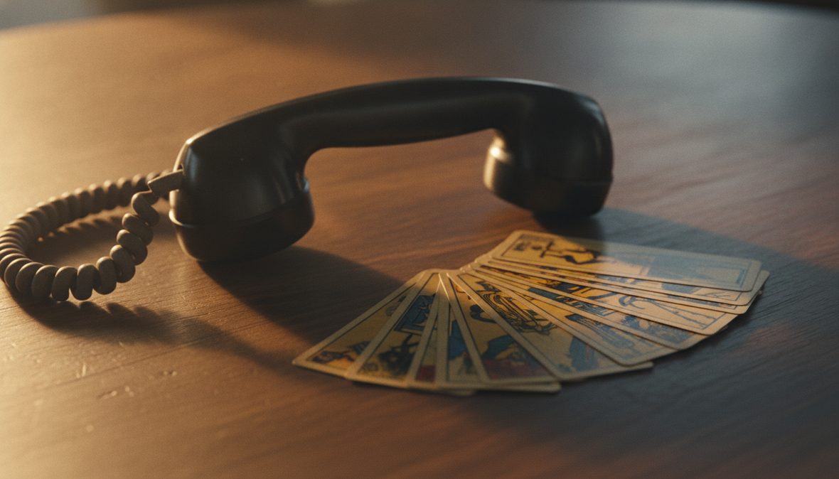 Combiné téléphonique ancien posé près d'un jeu de cartes déployé en éventail